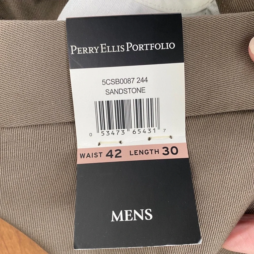 Perry Ellis Portfolio Mens 42x30 Dress Pants Sandstone Tan Flat Front No Iron - Picture 6 of 10